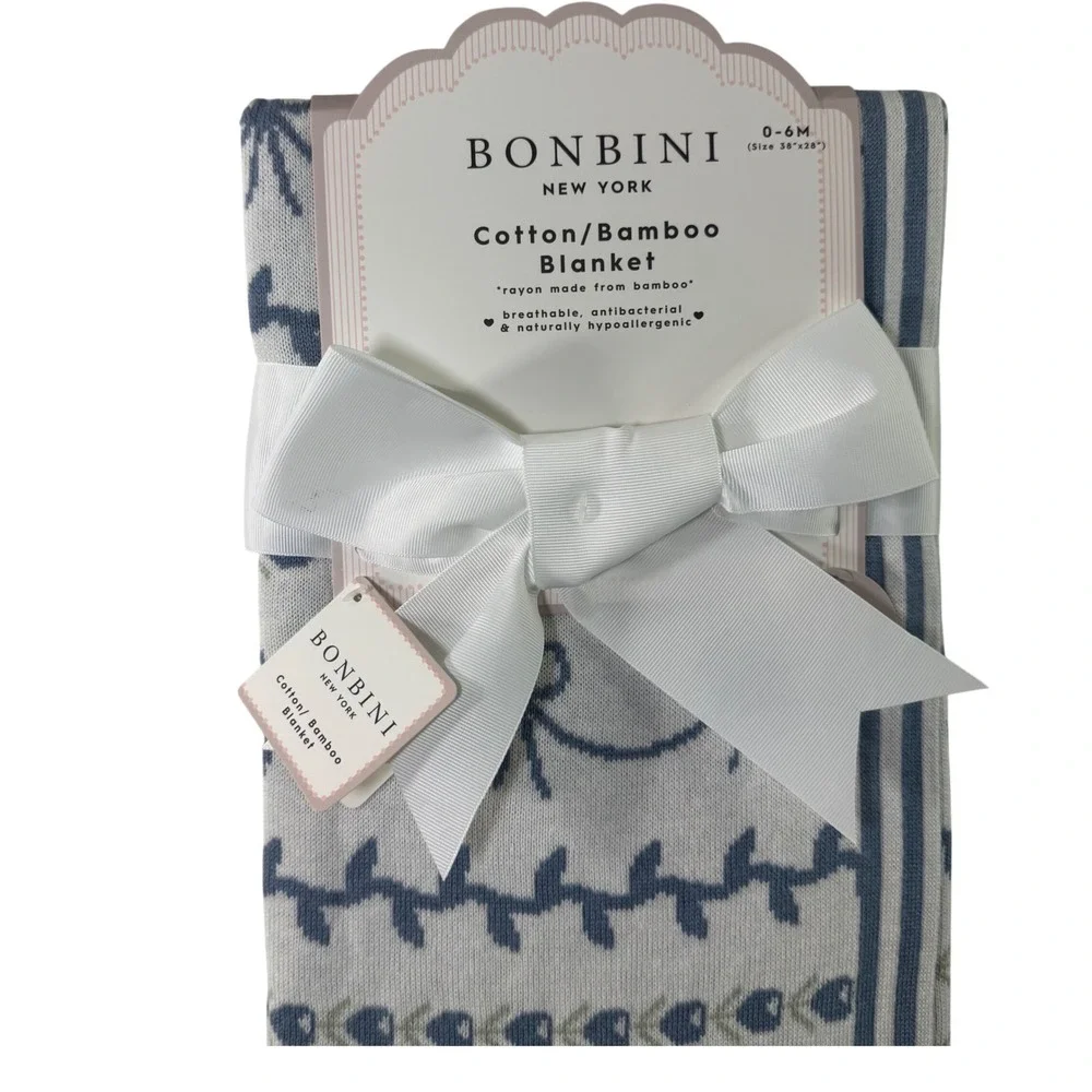 BONBINI New York Cotton Bamboo Baby Blanket‎ Blue Floral Bow Knit 0-6 Months